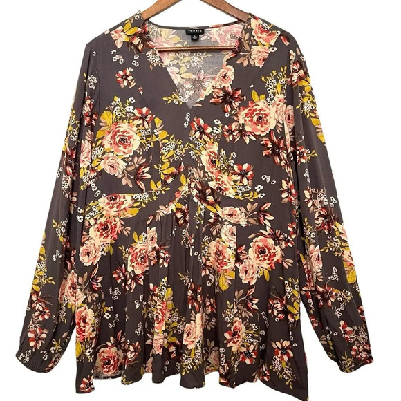Torrid Floral Crepe Rayon Babydoll Top Size 1X Multicolor Long Sleeve - Picture 8 of 8